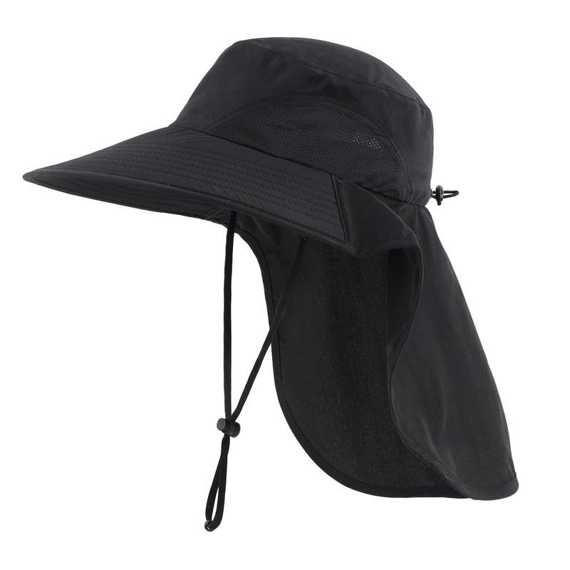 Home Prefer Outdoor UPF50+ Sun Hat Wide Brim Mesh Fishing Hat with Neck Flap (Black) - Image 1